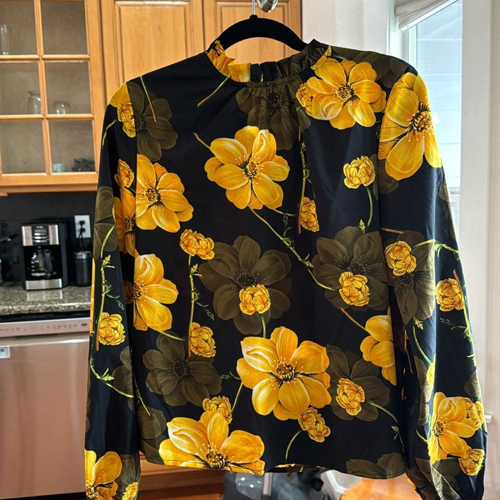 Black long sleeve blouse with gold flowers